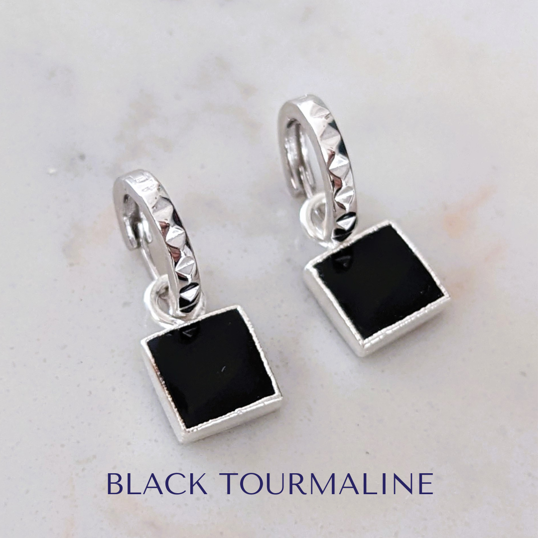 silver black tourmaline square charm hoop earrings