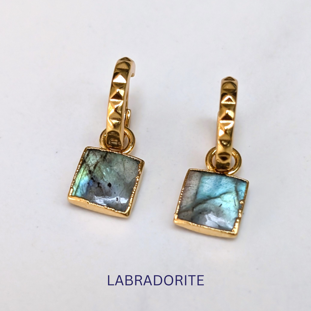 gold labradorite square charm hoop earrings 