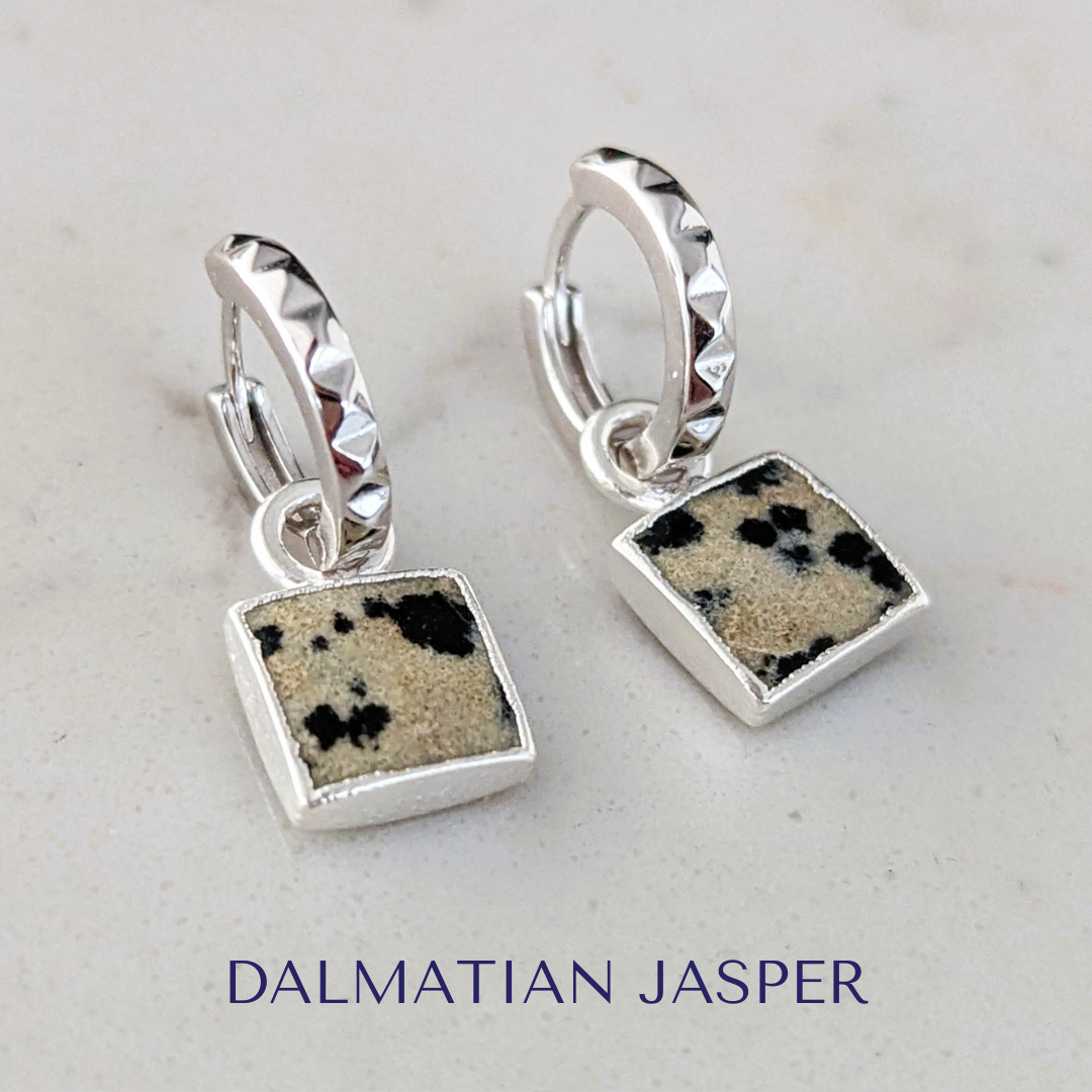 silver dalmatian jasper square charm earrings
