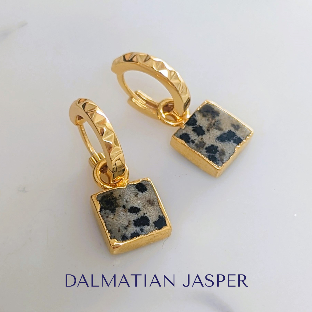 Gold plated square charm dalmatian jasper earrings