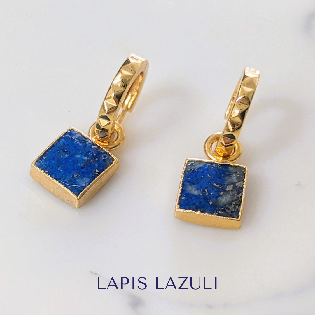 18 carat gold plated lapis lazuli square charm earrings