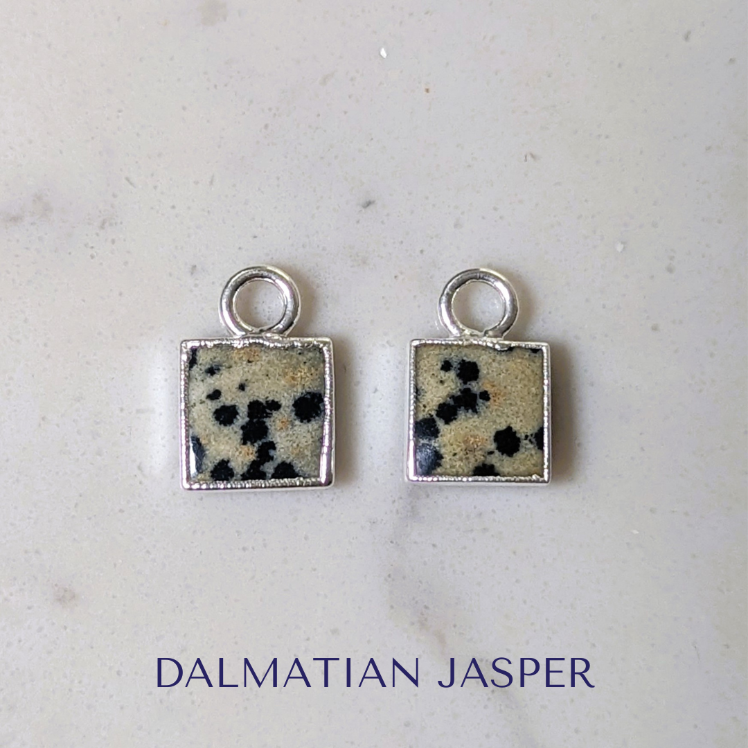 silver dalmatian jasper square interchangeable earring charms