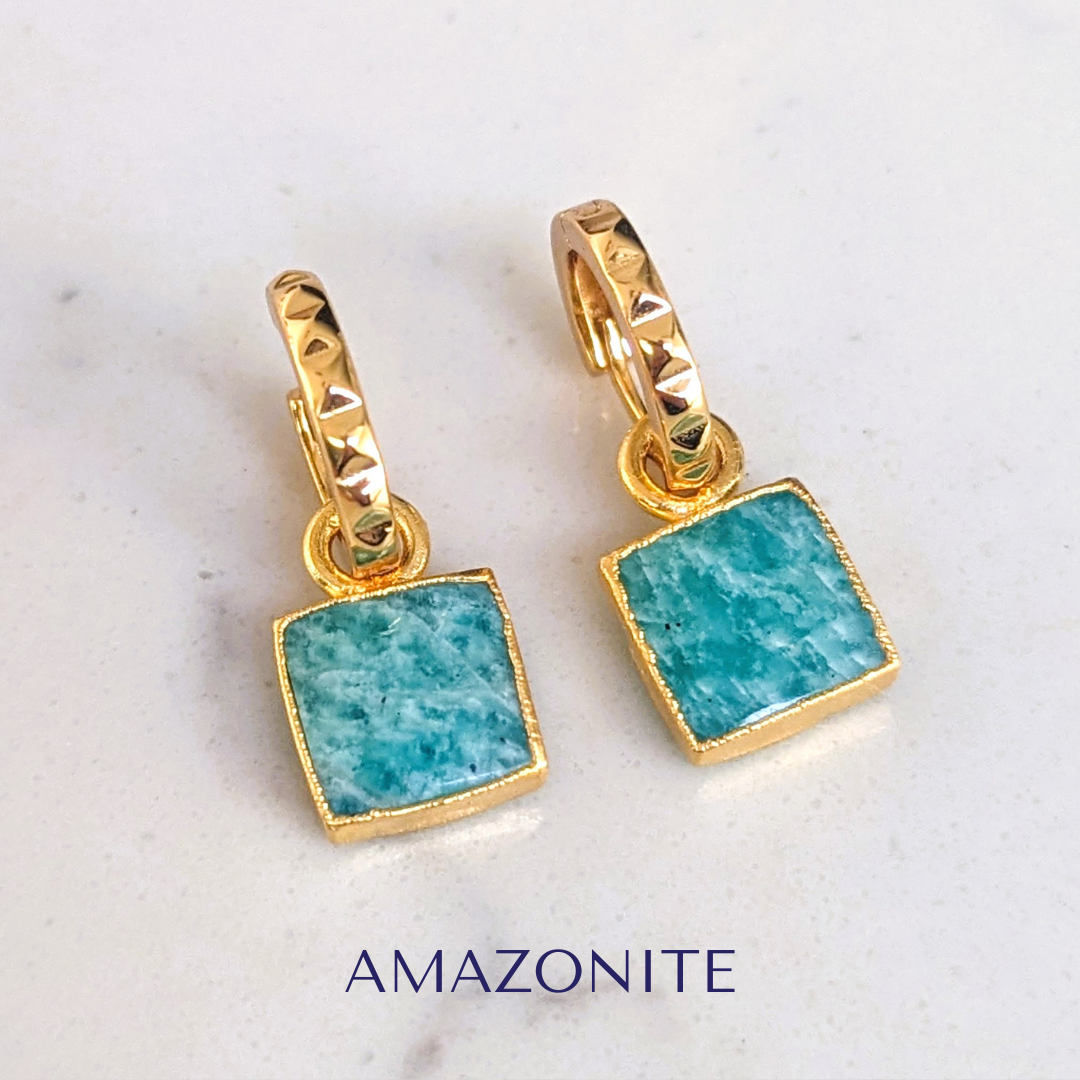 18 carat gold plated amazonite square charm earrings