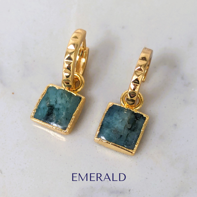 Gold plated square charm emerald earrings