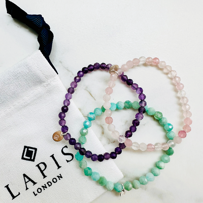 Hues of the rainbow, amethyst, amazonite and rose quartz childrens gemstone bracelets