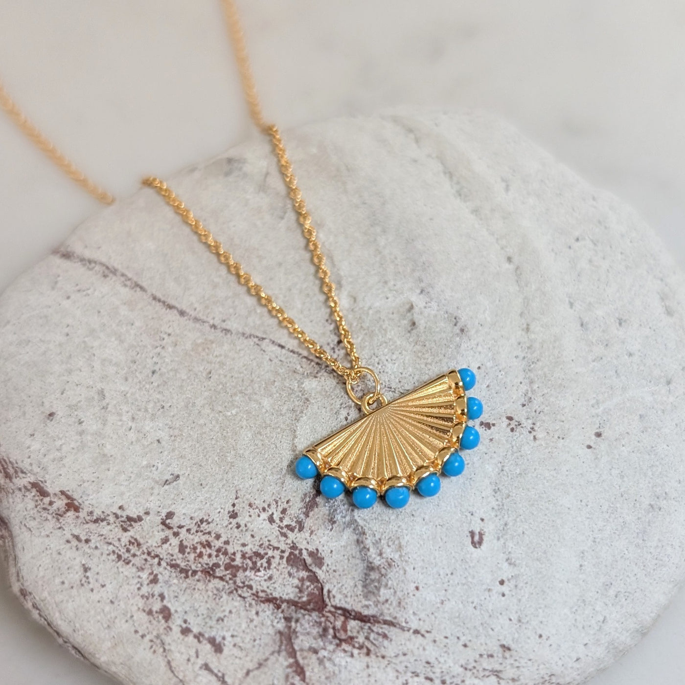 turquoise and gold fan pendant necklace