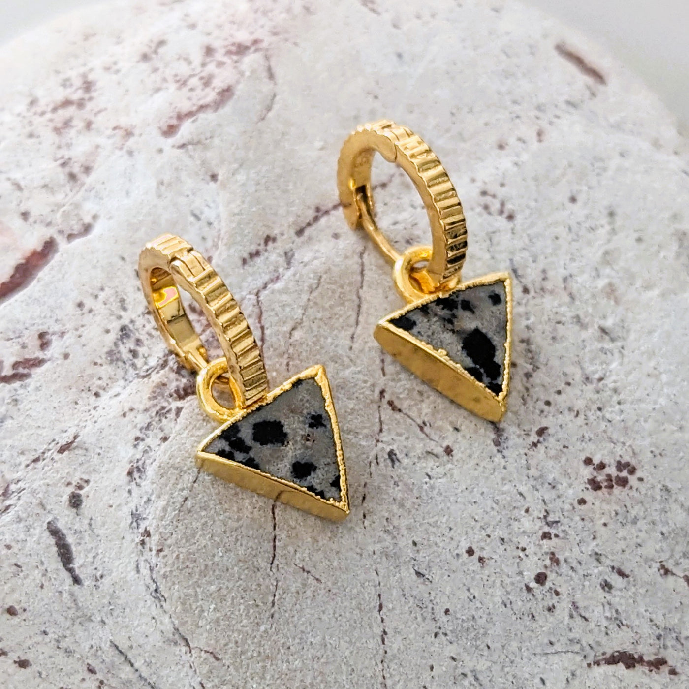 Gold plated Dalmatian Jasper triangle charm hoop earrings