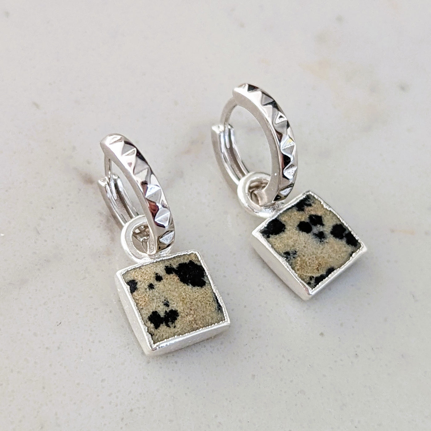 silver dalmatian jasper square charm earrings