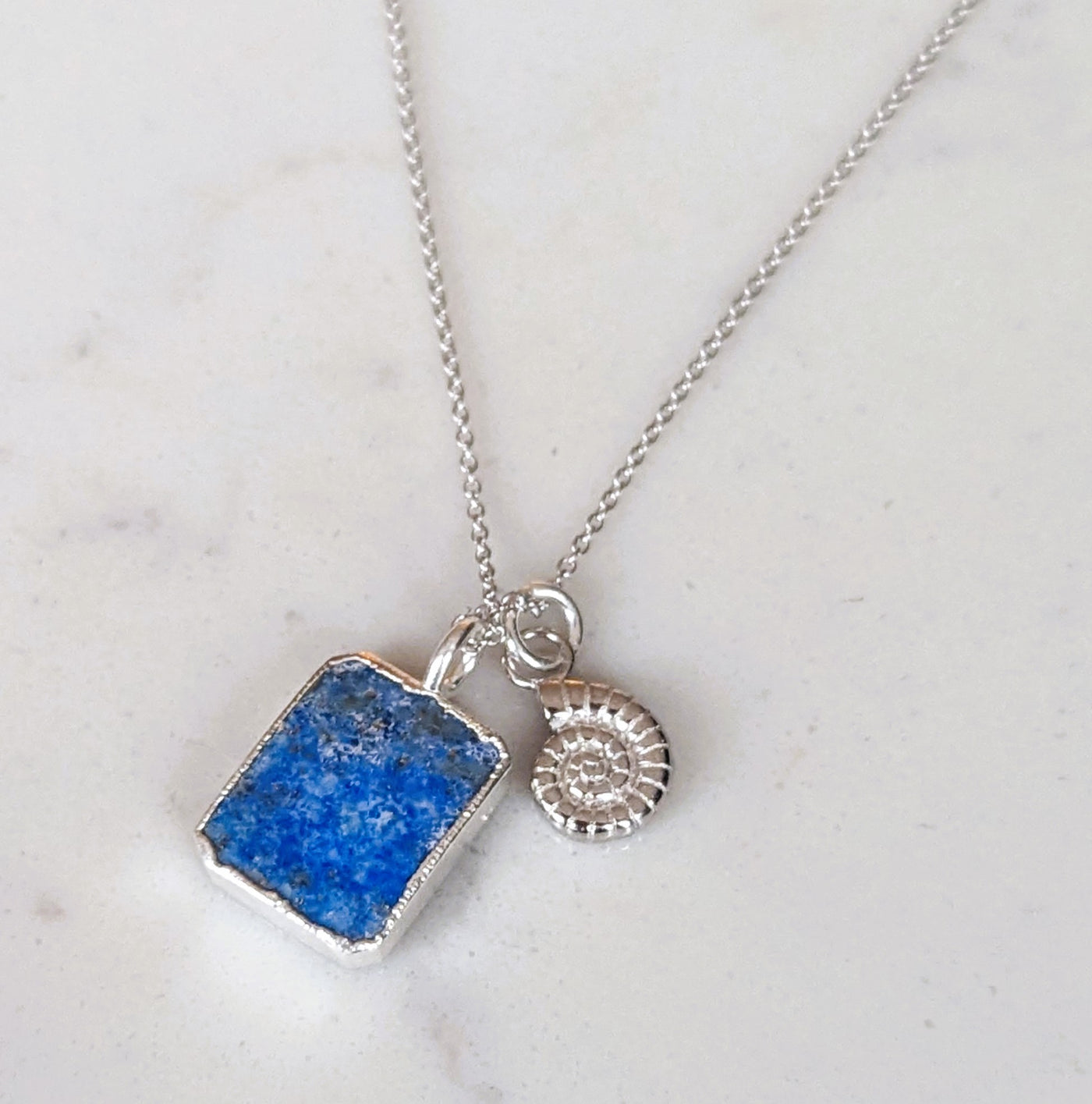 sterling silver lapis lazuli and ammonite charm pendant necklace