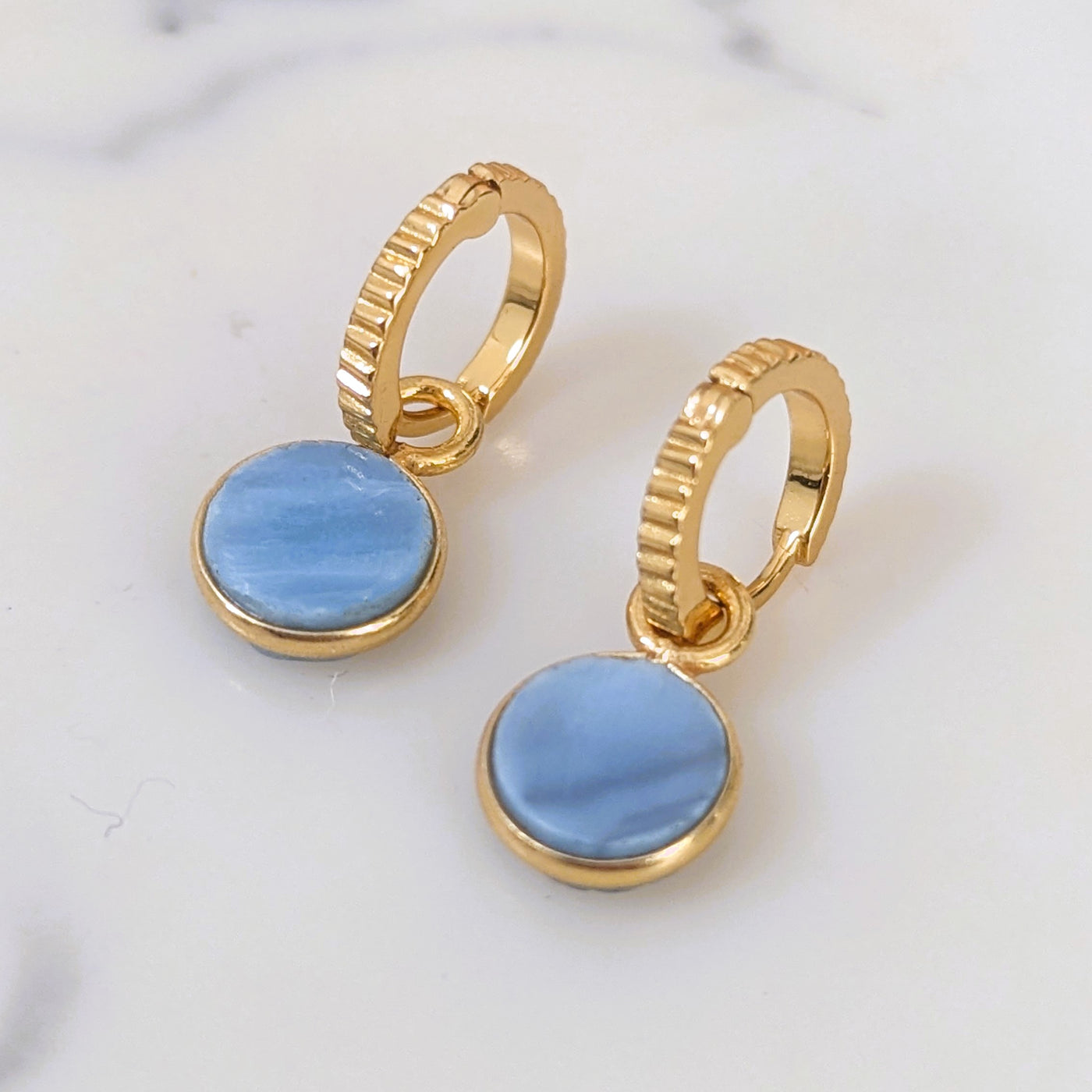 gold blue opal October birthstone earrings