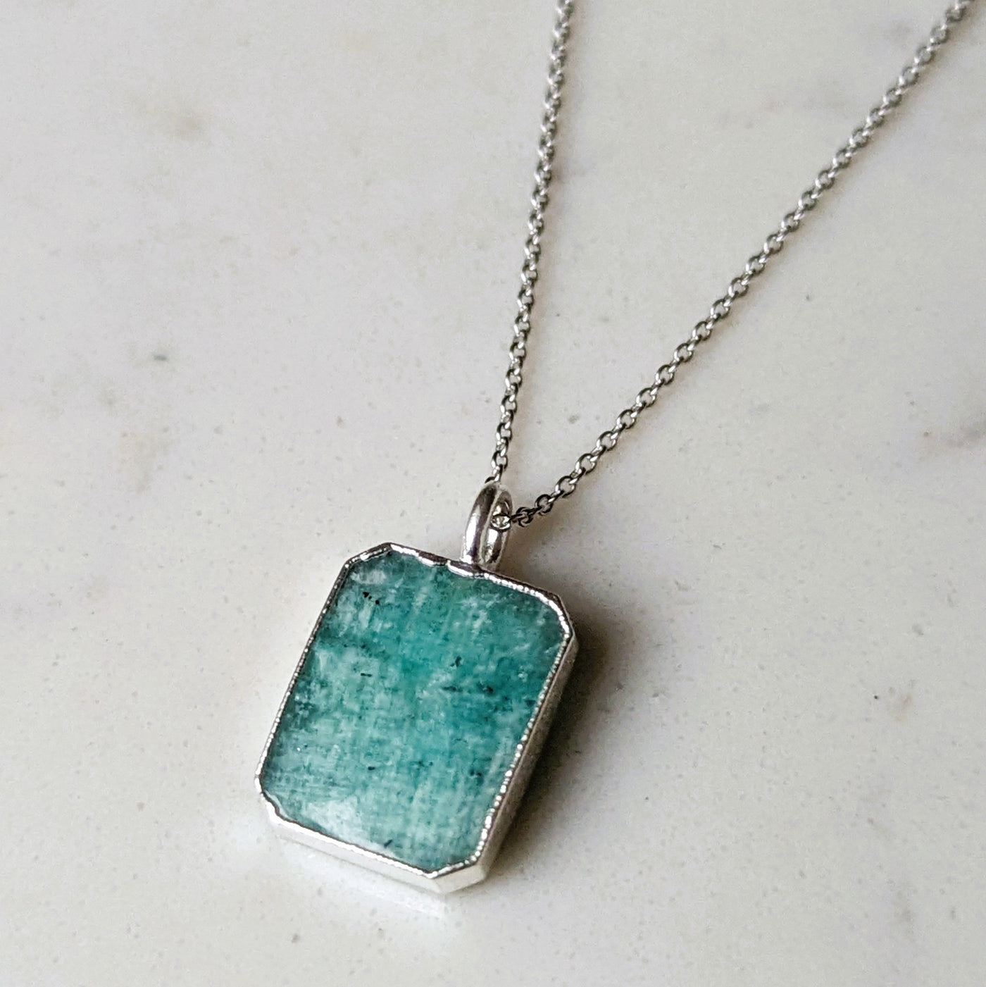 sterling silver amazonite rectangular pendant  necklace