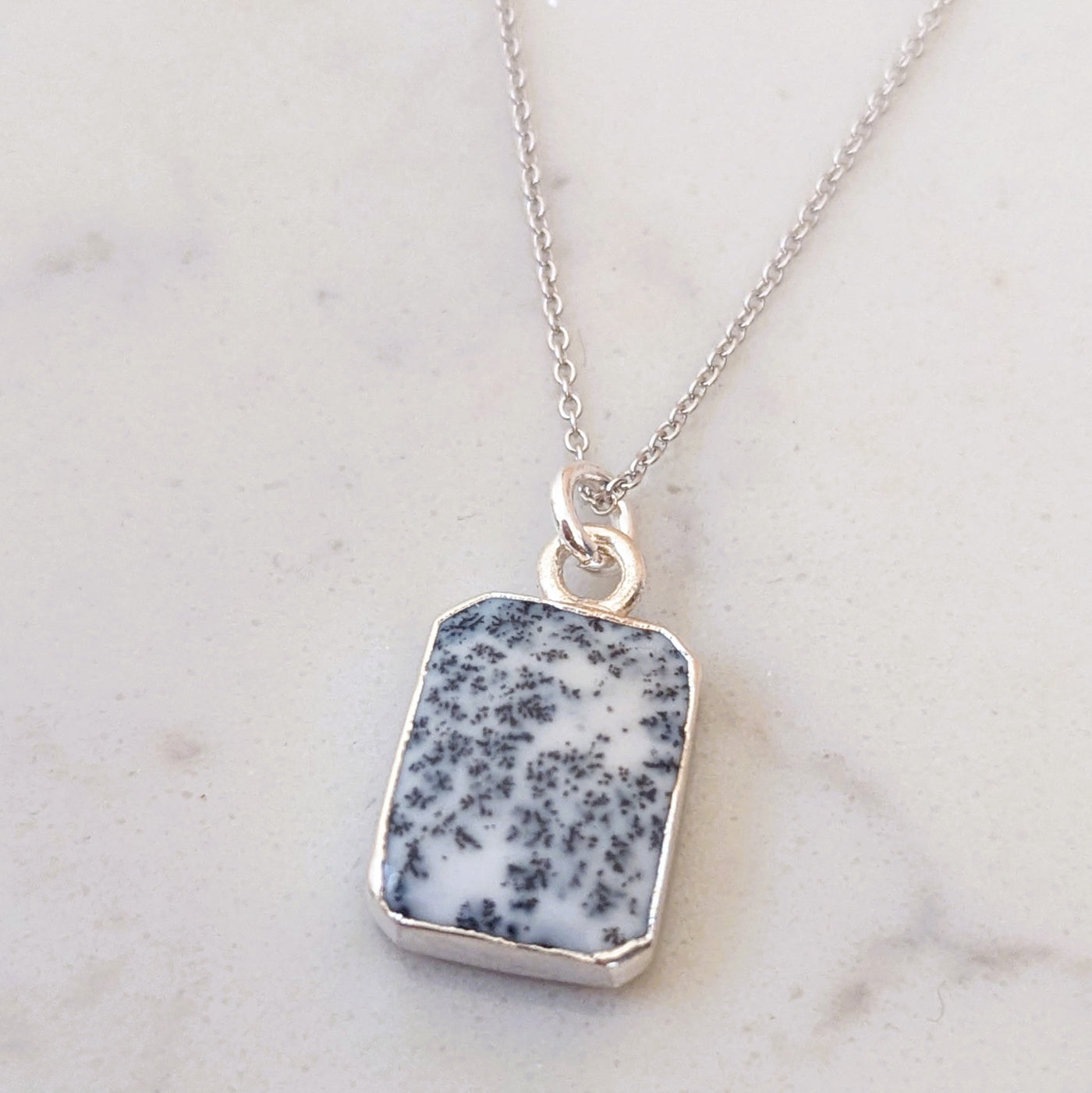 sterling silver dendritic agate rectangular pendant necklace