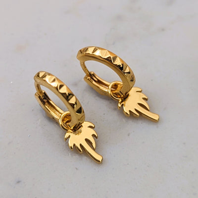 18 carat gold plated palm tree charm hoop earrings