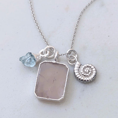 rose quartz, aquamarine and charm gemstone necklace