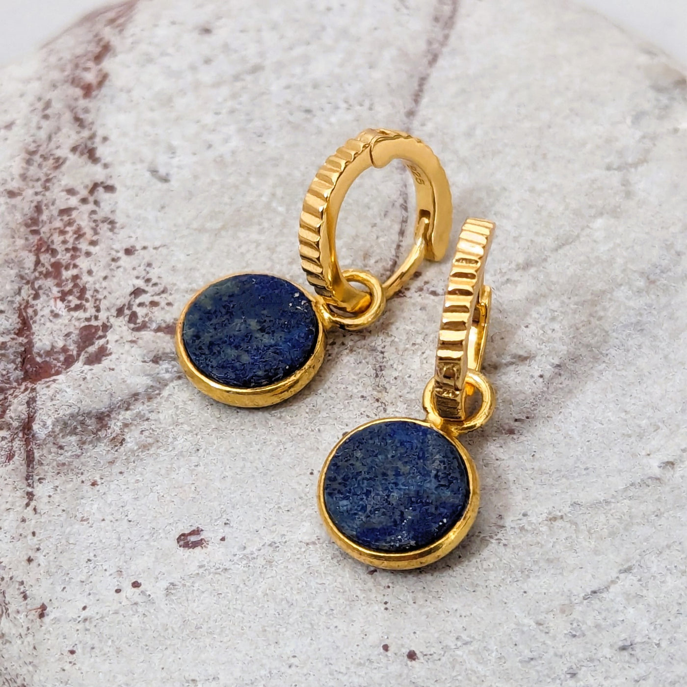 18 carat gold plated lapis lazuli circular cham gemstone hoop earrings