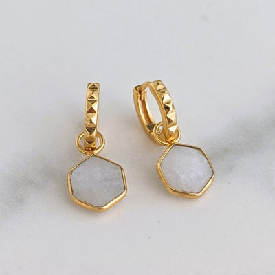 18 carat gold plated moonstone hexagon gemstone earrings