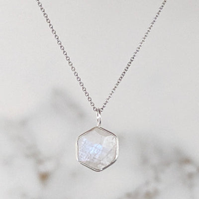 sterling silver moonstone hexagonal pendant necklace