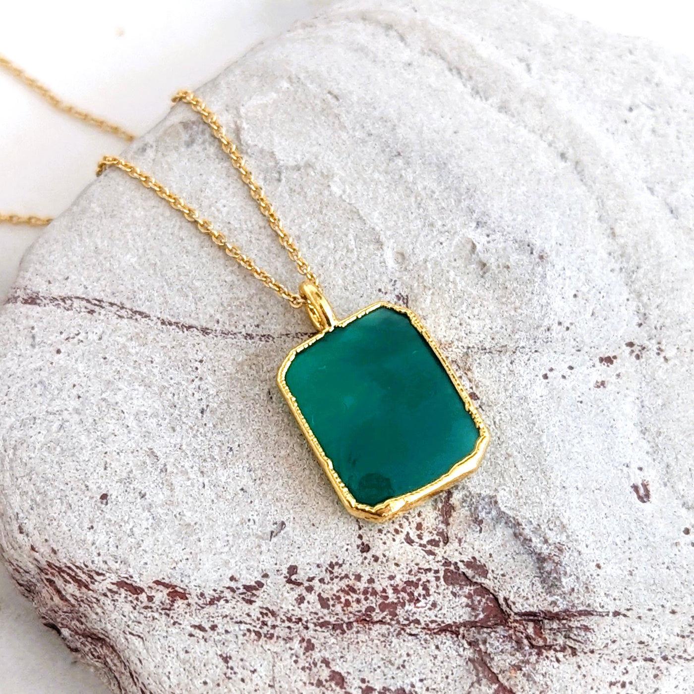 green onyx rectangular charm necklace