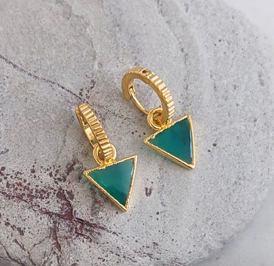 gold green onyx triangular charm hoop earrings