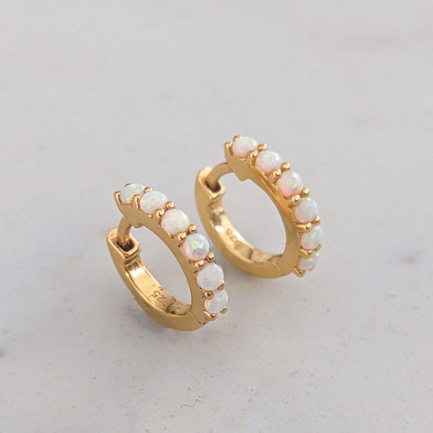 18 carat gold plated opal eternity hoop earrings