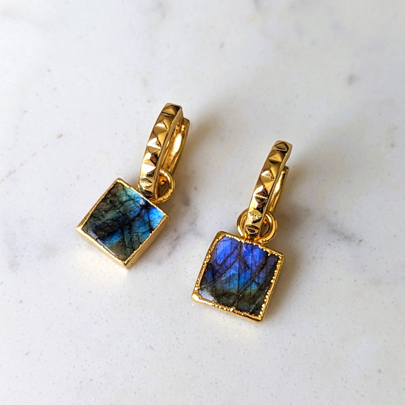 gold labradorite square charm hoop earrings