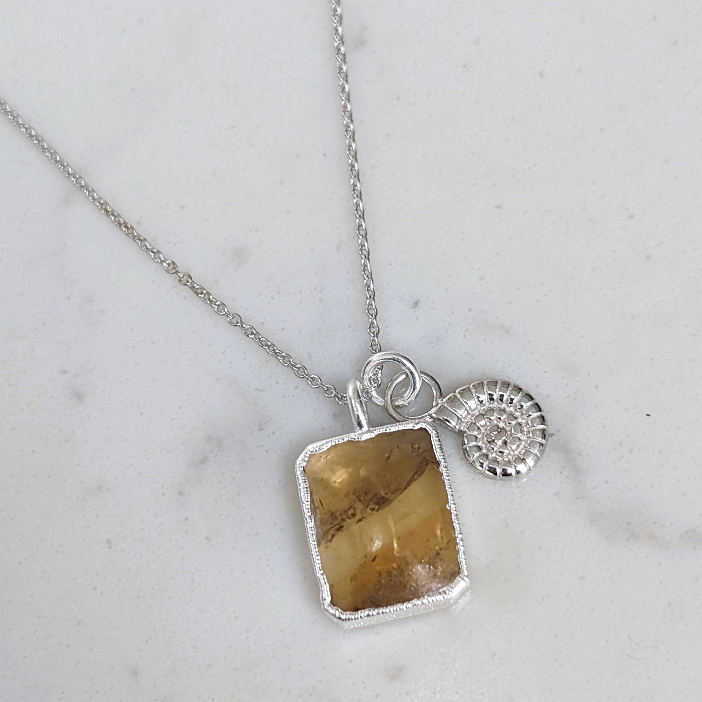citrine and ammonite charm silver pendant necklace