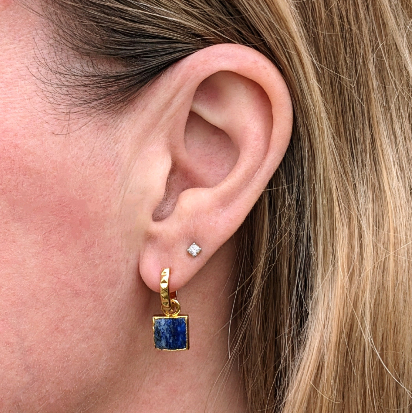 18 carat gold plated lapis lazuli square charm earrings