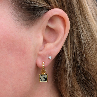 Gold plated square charm dalmatian jasper earrings