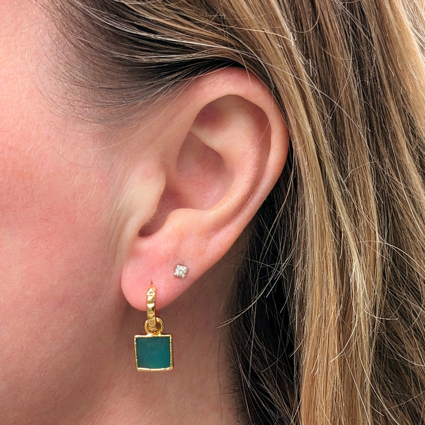 18 carat gold plated square green onyx hoop earrings