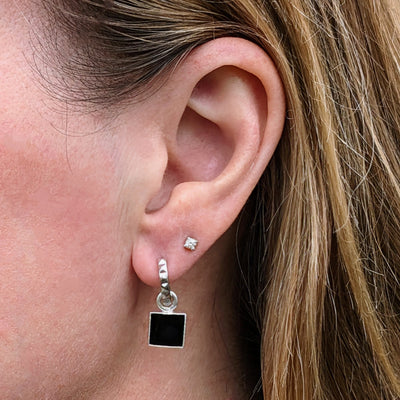 silver black tourmaline square charm hoop earrings