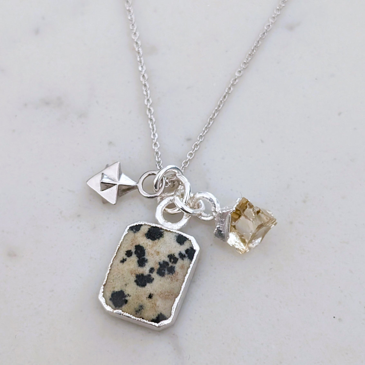 silver dalmatian jasper, citrine and tetrahedron charm necklace