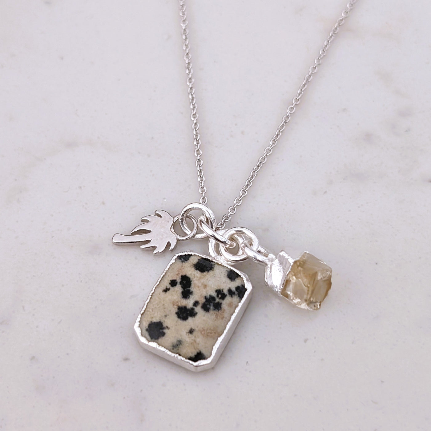 silver dalmatian jasper, citrine and palm tree charm necklace