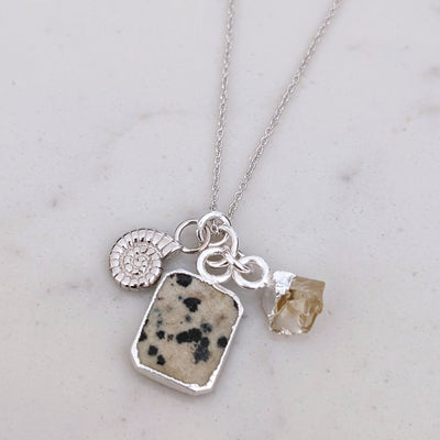 silver dalmatian jasper, citrine and ammonite charm necklace