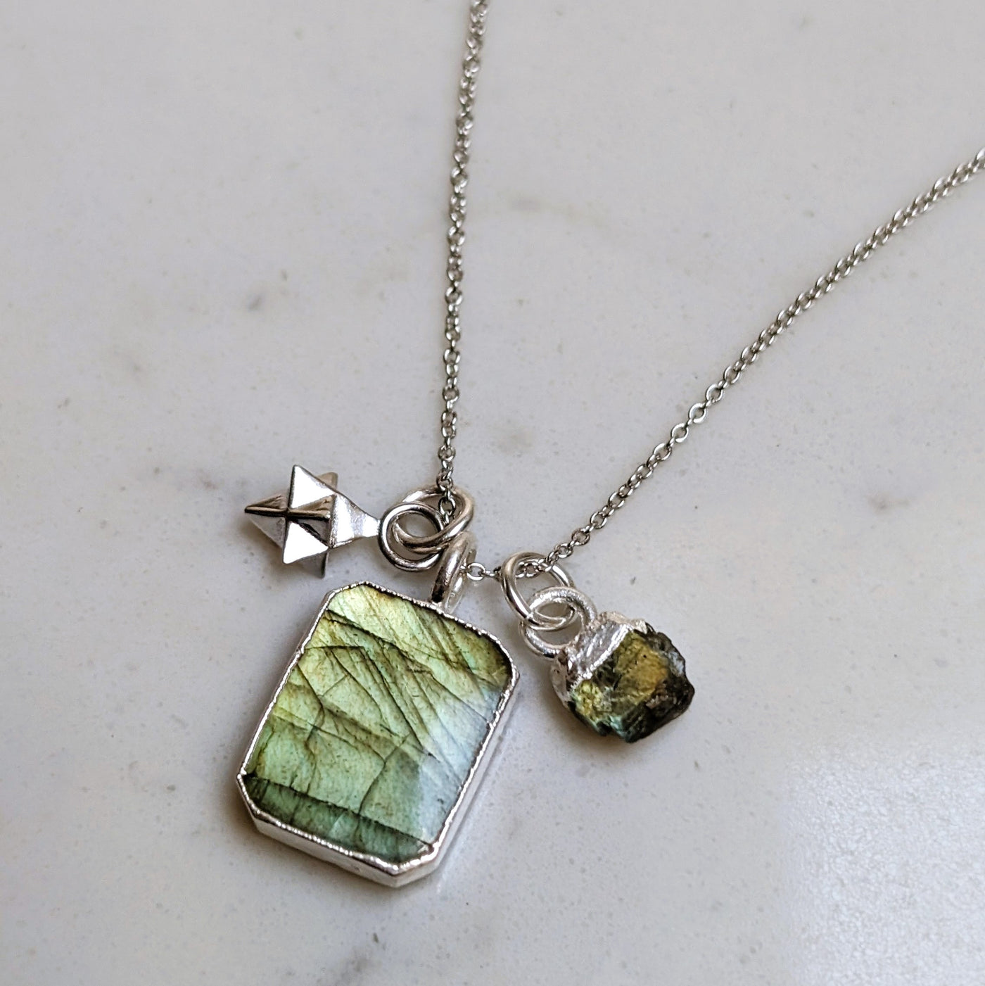 silver labradorite and tetrahedron charm necklace