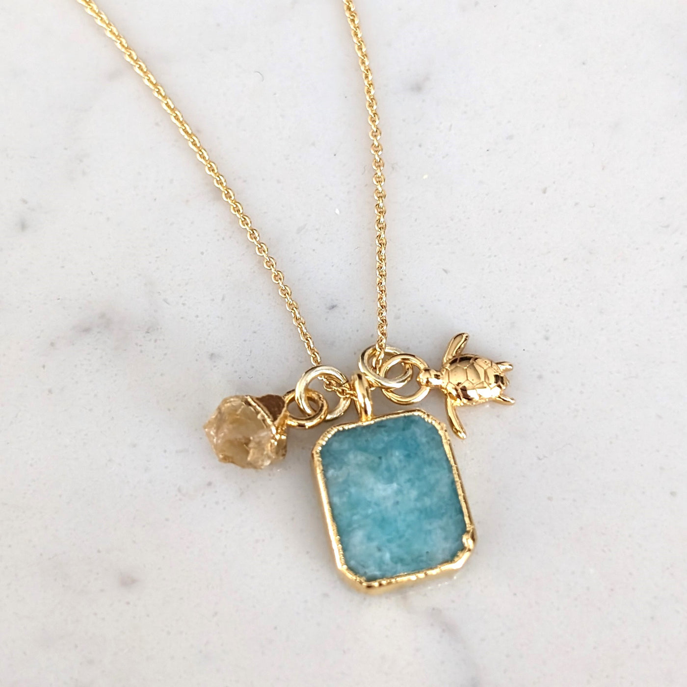 gold amazonite and citrine charm pendant necklace