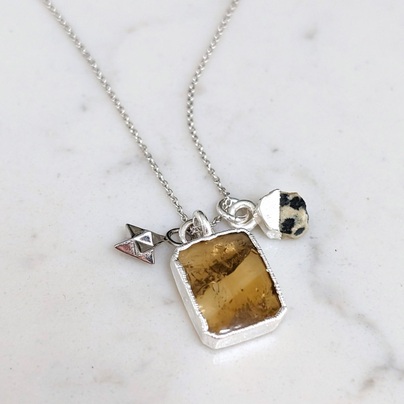 silver citrine and dalmatian jasper gemstone pendant necklace