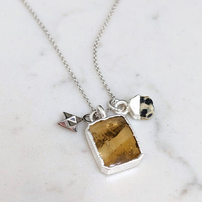silver citrine and dalmatian jasper gemstone pendant necklace