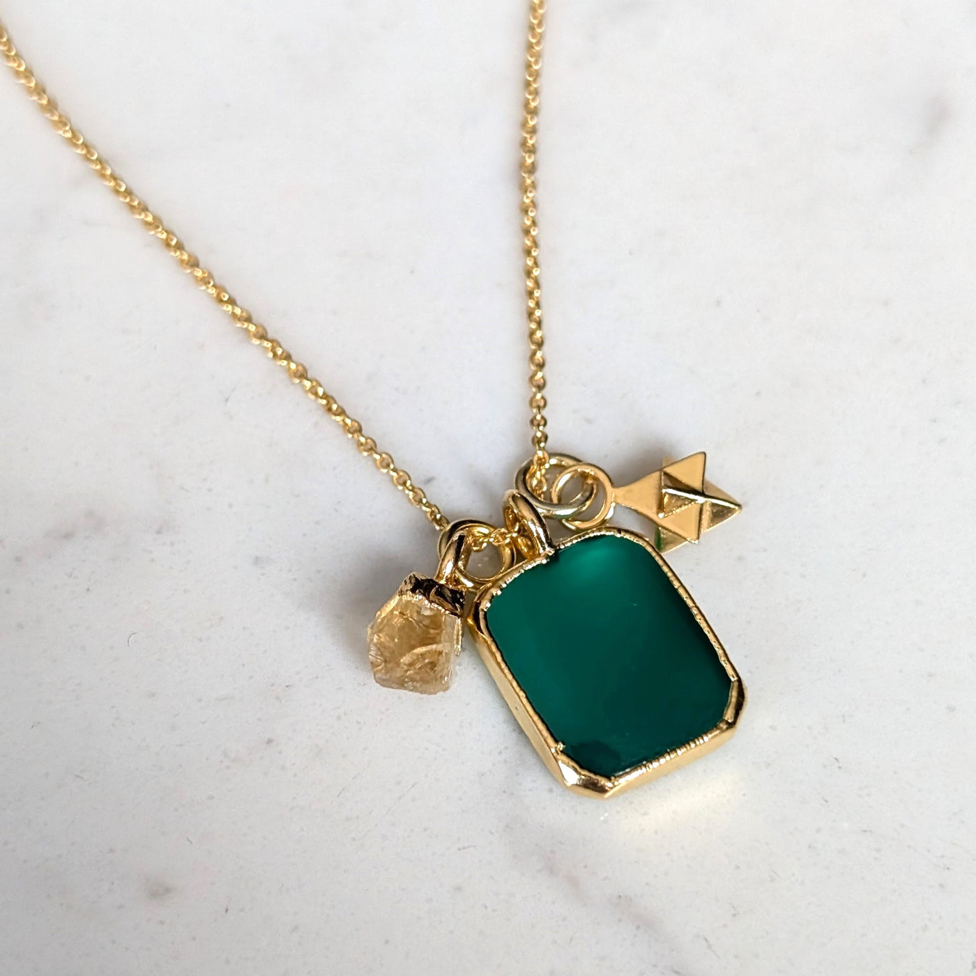 The Trio Green Onyx, Citrine and Charm Necklace