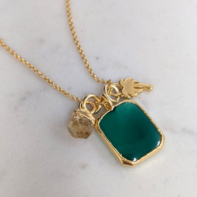 gold green onyx, citrine and palm tree charm necklace