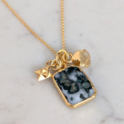 gold tree agate and citrine charm pendant neckalace