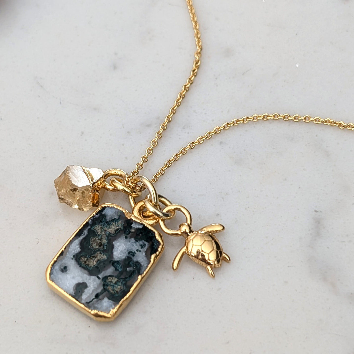 gold tree agate and citrine charm pendant neckalace