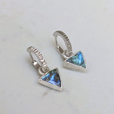 silver labradorite triangular charm earrings