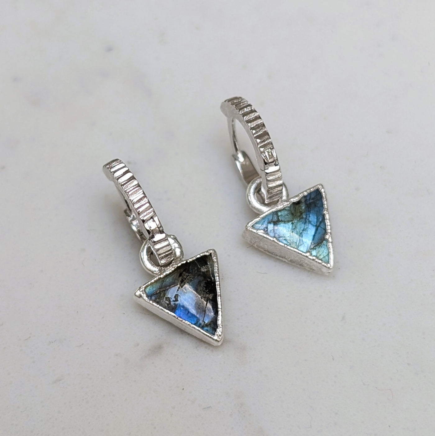 silver labradorite triangular charm earrings