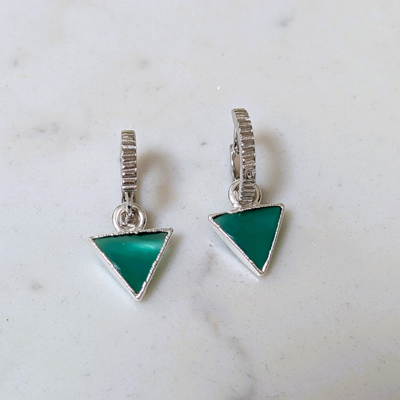 silver green onyx triangular charm earrrings