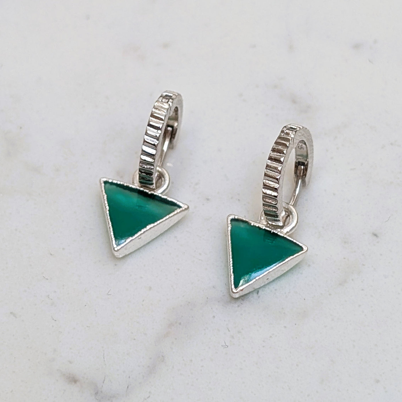 silver green onyx triangular charm earrrings