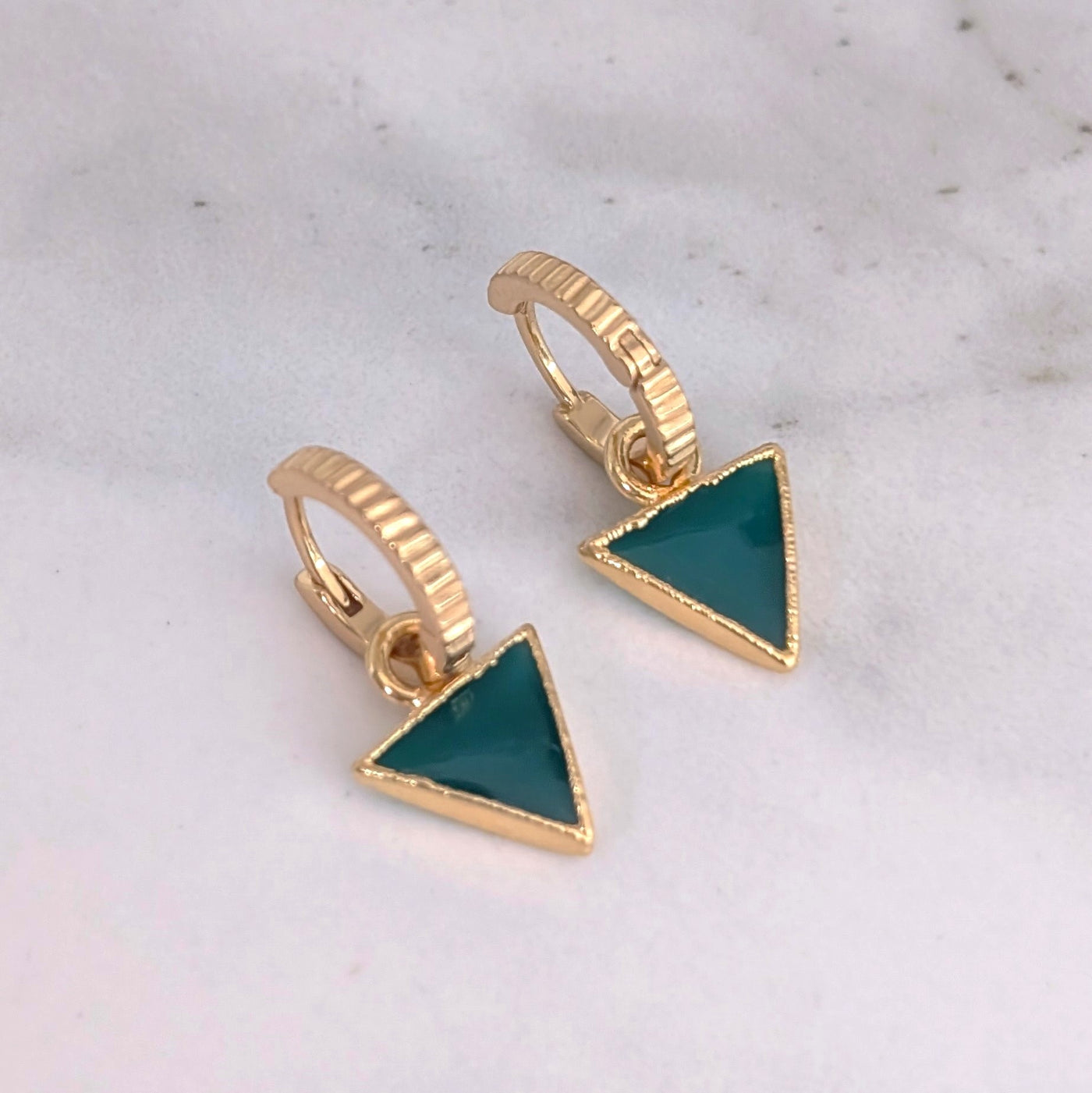 gold green onyx triangular charm earrings