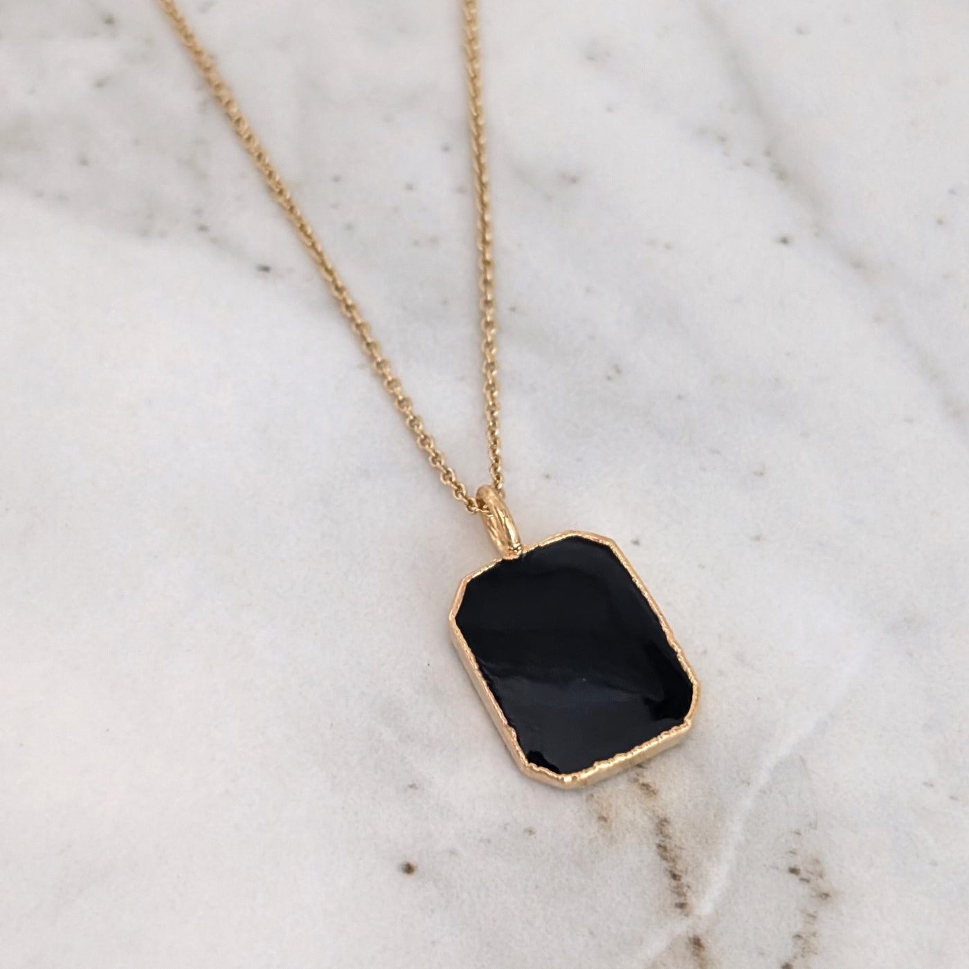 gold black tourmaline rectangular pendant necklace