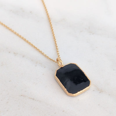 gold black tourmaline rectangular pendant necklace