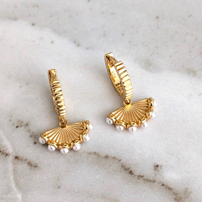 gold and pearl fan charm earrings