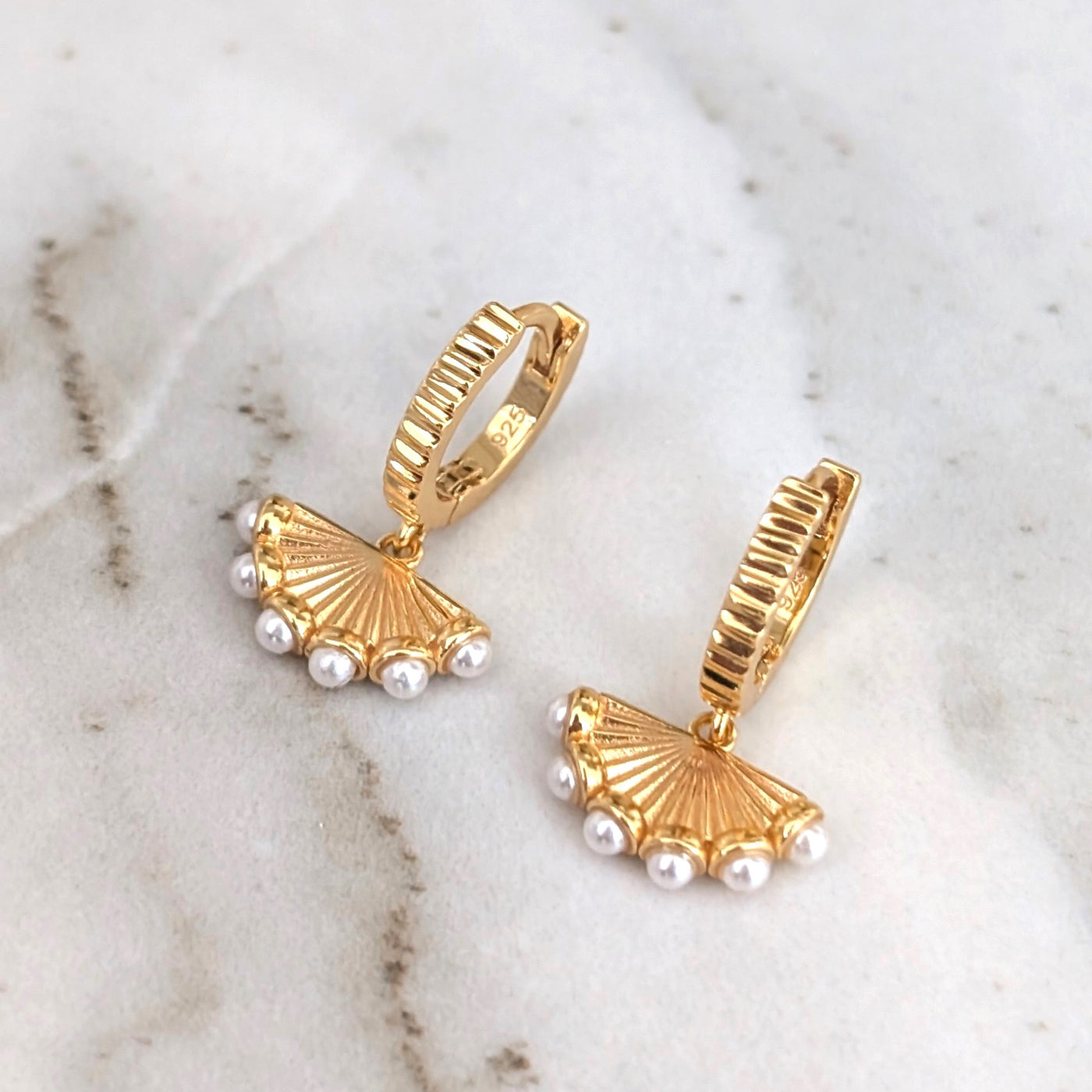 gold and pearl fan charm earrings